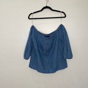 Blue Rain Women Medium Wash Chambray Off Shoulder Denim Jeans Blouse Size Large